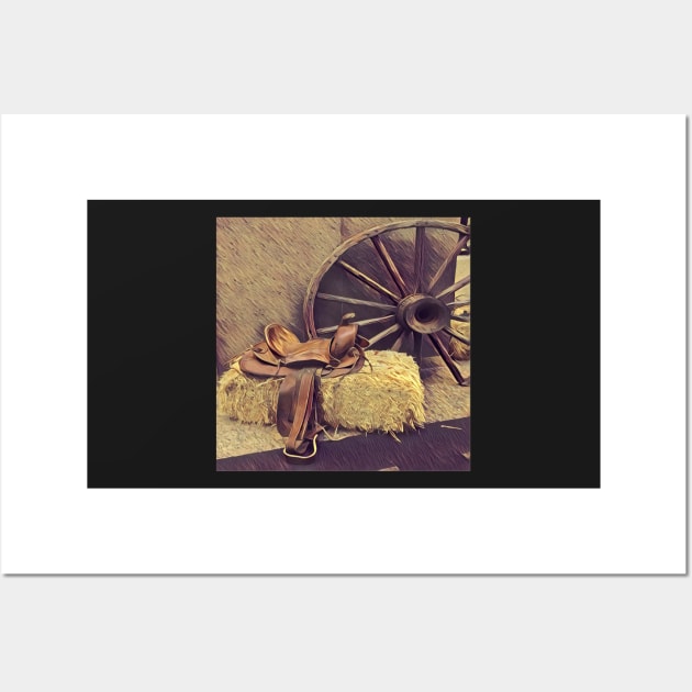 western country painting wagon wheel  horse saddle Wall Art by Tina